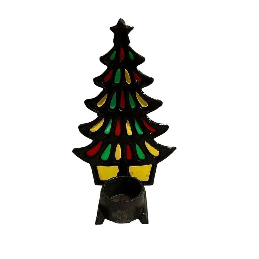 Vintage Cast Iron & Stained Glass Christmas Tree Candle/votive holder